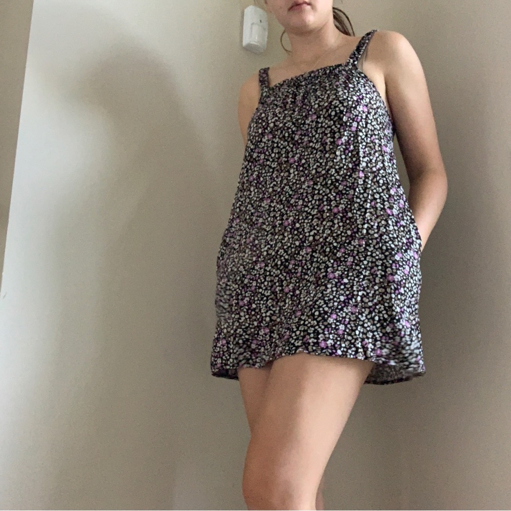 saltwater LUXE Black Mini Dress with Purple & White Floral Print